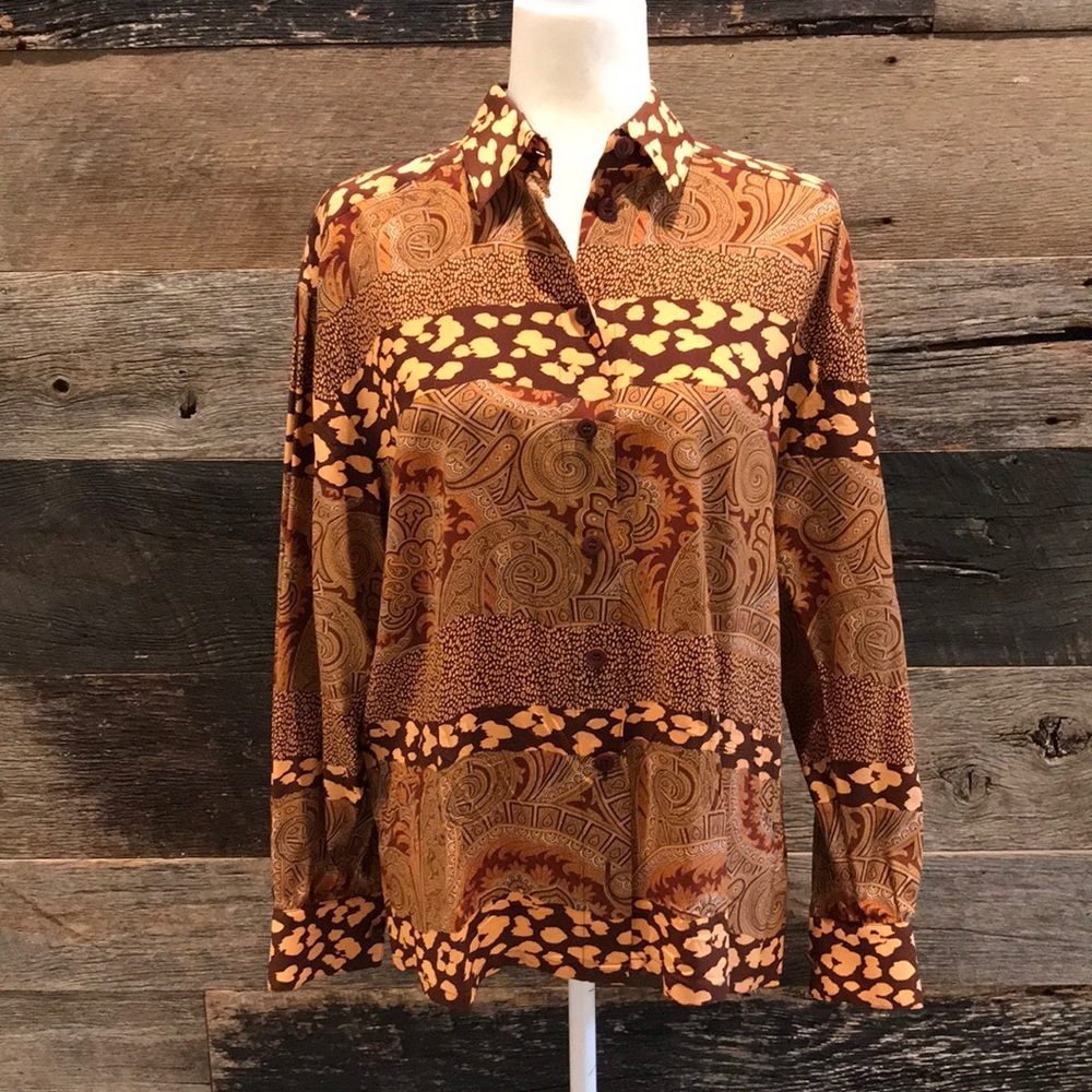 Escada Brown and Tangerine Button Closure Blouse